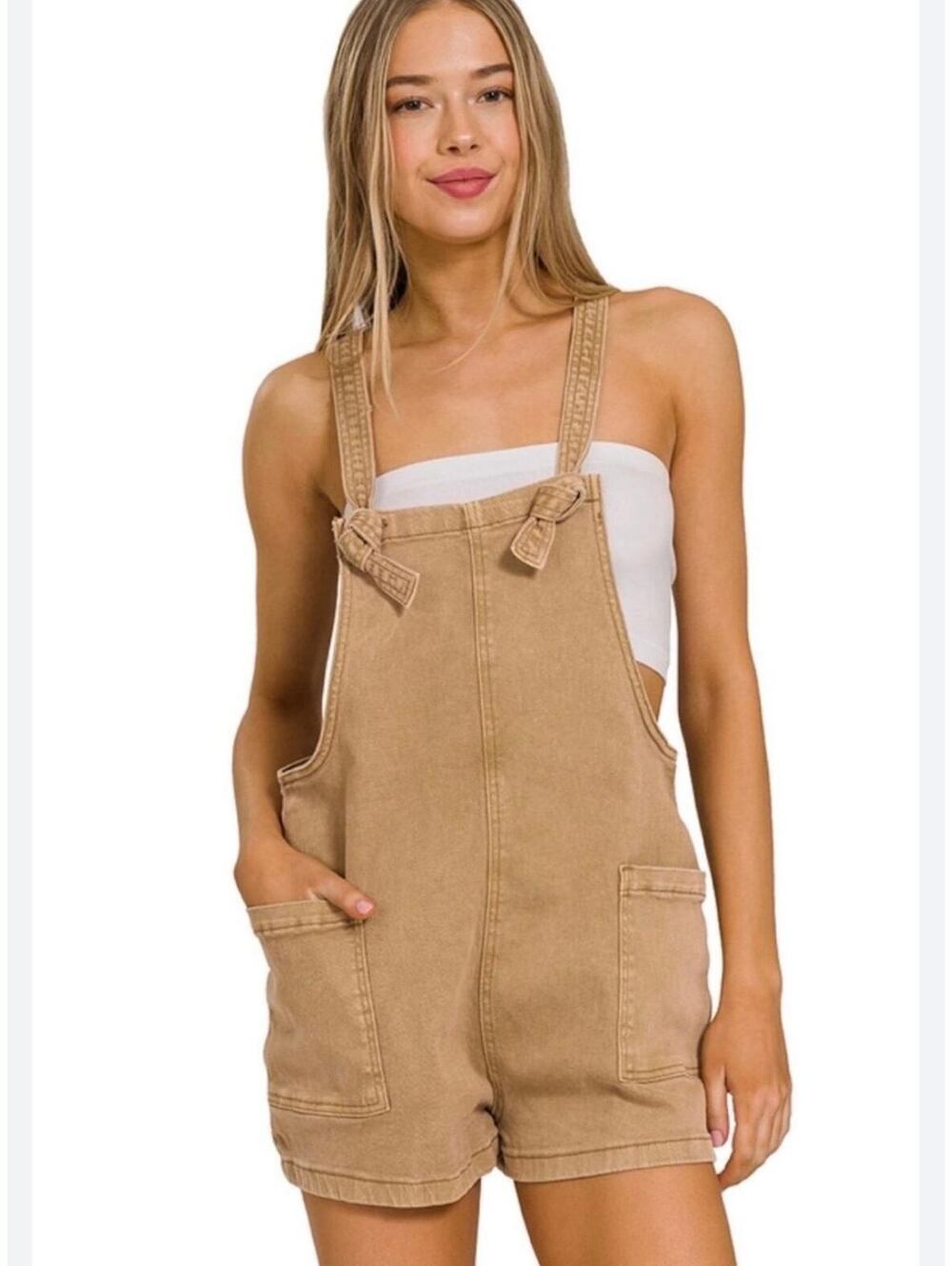 NEW Zenana DMO-1869Y Washed Carmel Overall Romper Shorts Utility Pockets Small - Picture 2 of 6